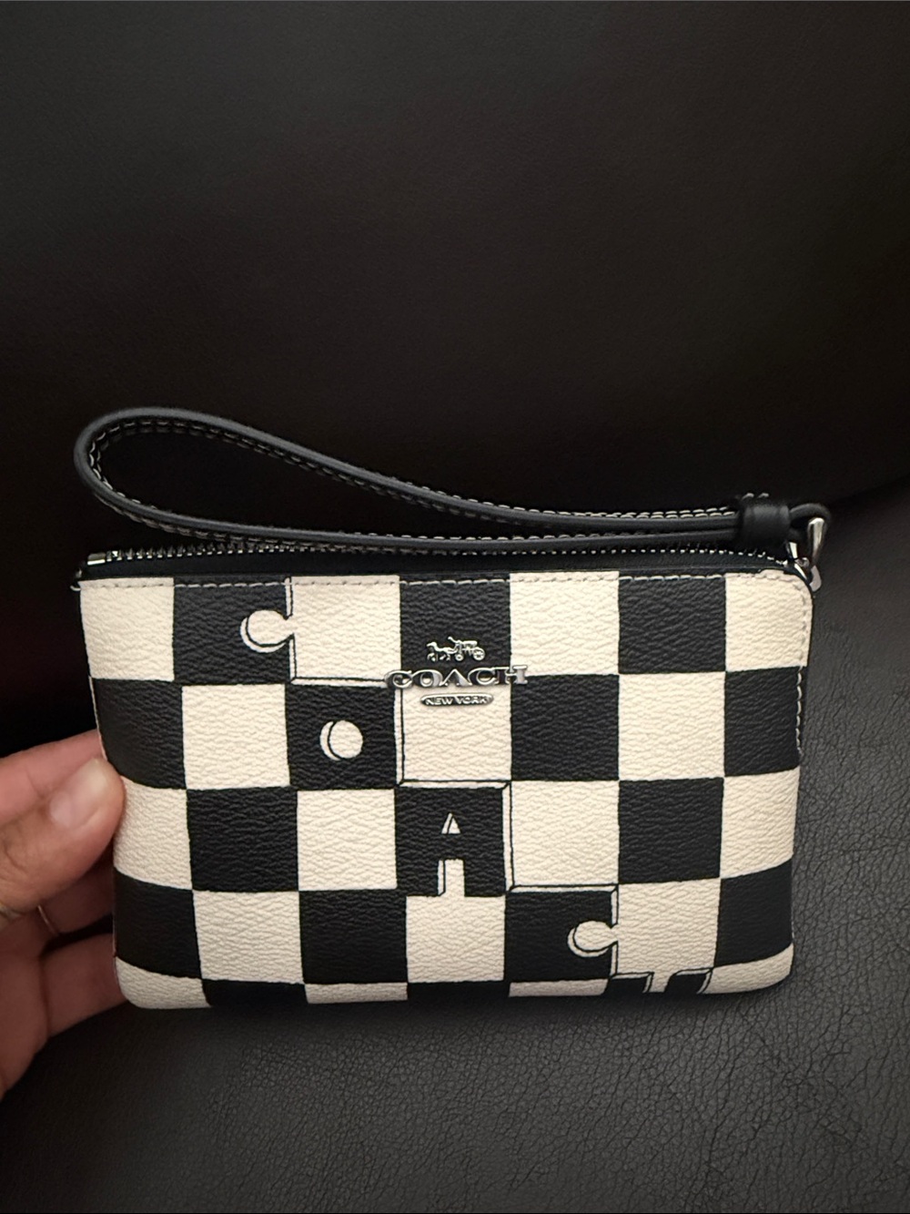 Coach Black and White Checker Wristlet Pouch
